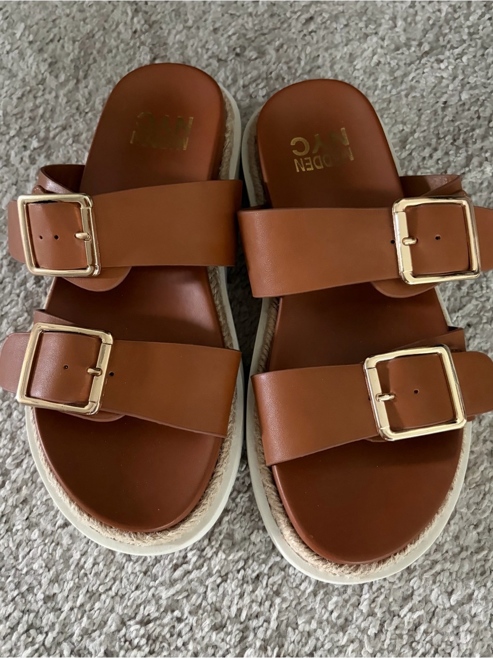 Madden NYC Brown Double-Buckle Slide Sandals with Gold Buckles